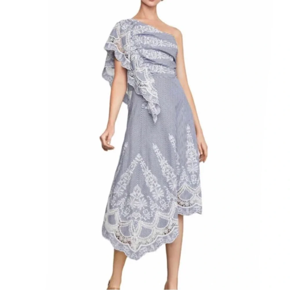 BCBGMAXAZRIA BCBG One Shoulder Embroidered Stripe Dress Blue Size 4 - Picture 2 of 9
